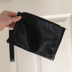 Black Faux Leather Wristlet Clutch with Gold Plated Hardware